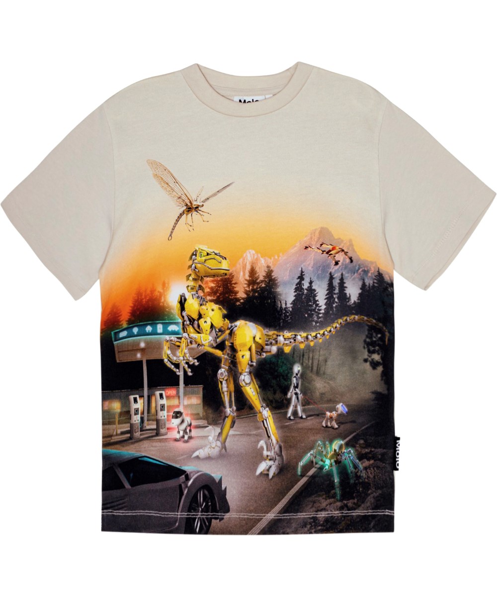 Riley - Virtual Scenery - Beige t-shirt van biologisch katoen met op de voorkant een kleurrijke robot-dinosaurus print.