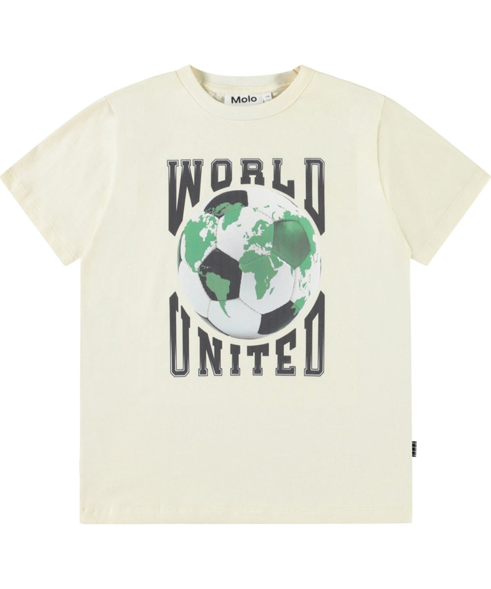 Riley - World United - Gebroken wit kinder t-shirt met print in zacht biologische katoen met korte mouwenen ribboord rond de hals
