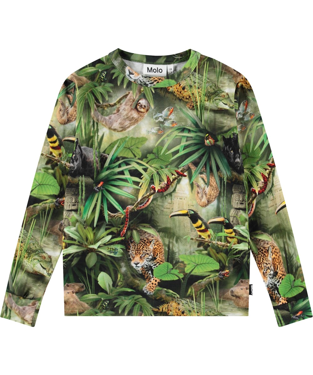 Rill - Jungle Animals - Kinder longsleeve met jungle print in zacht biologisch katoen met ribboord rond de hals en mouwen