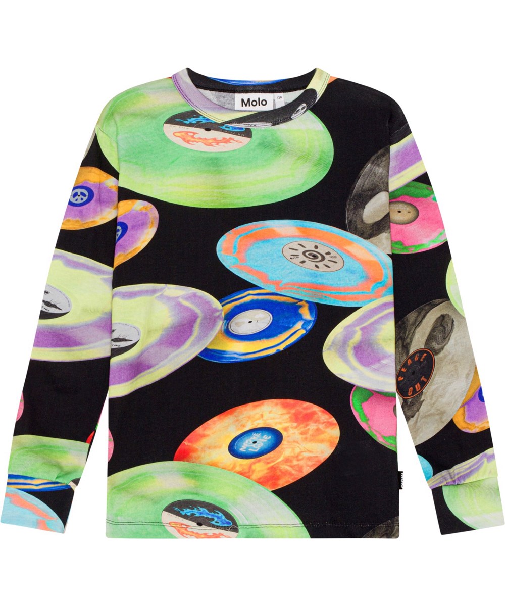 Rill - Records Dark - Zwarte biologische shirt met kleurrijke elpeeprint