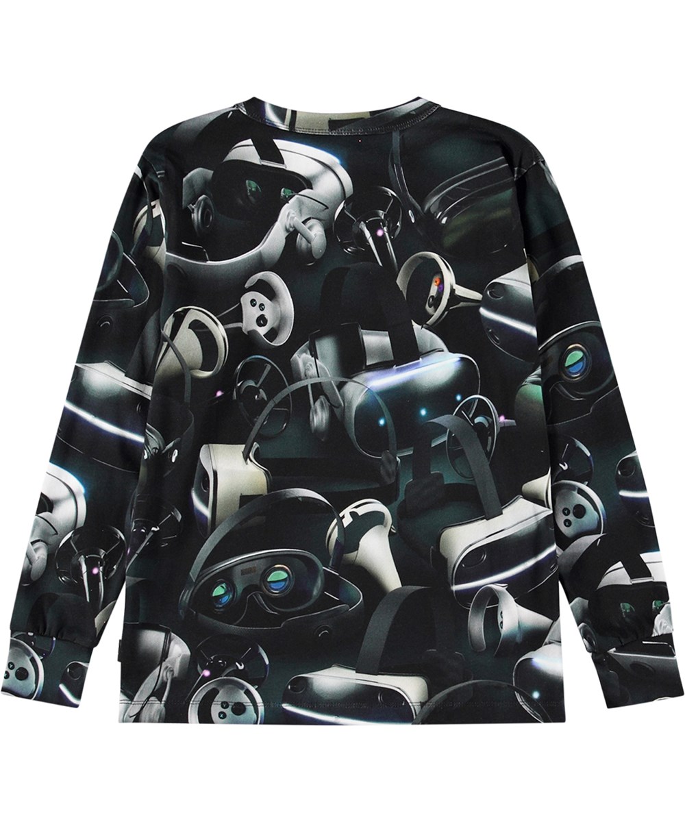 Rill - Virtual Reality - Zwarte longsleeve van biologisch katoen met een all-overprint geïnspireerd op virtual reality.
