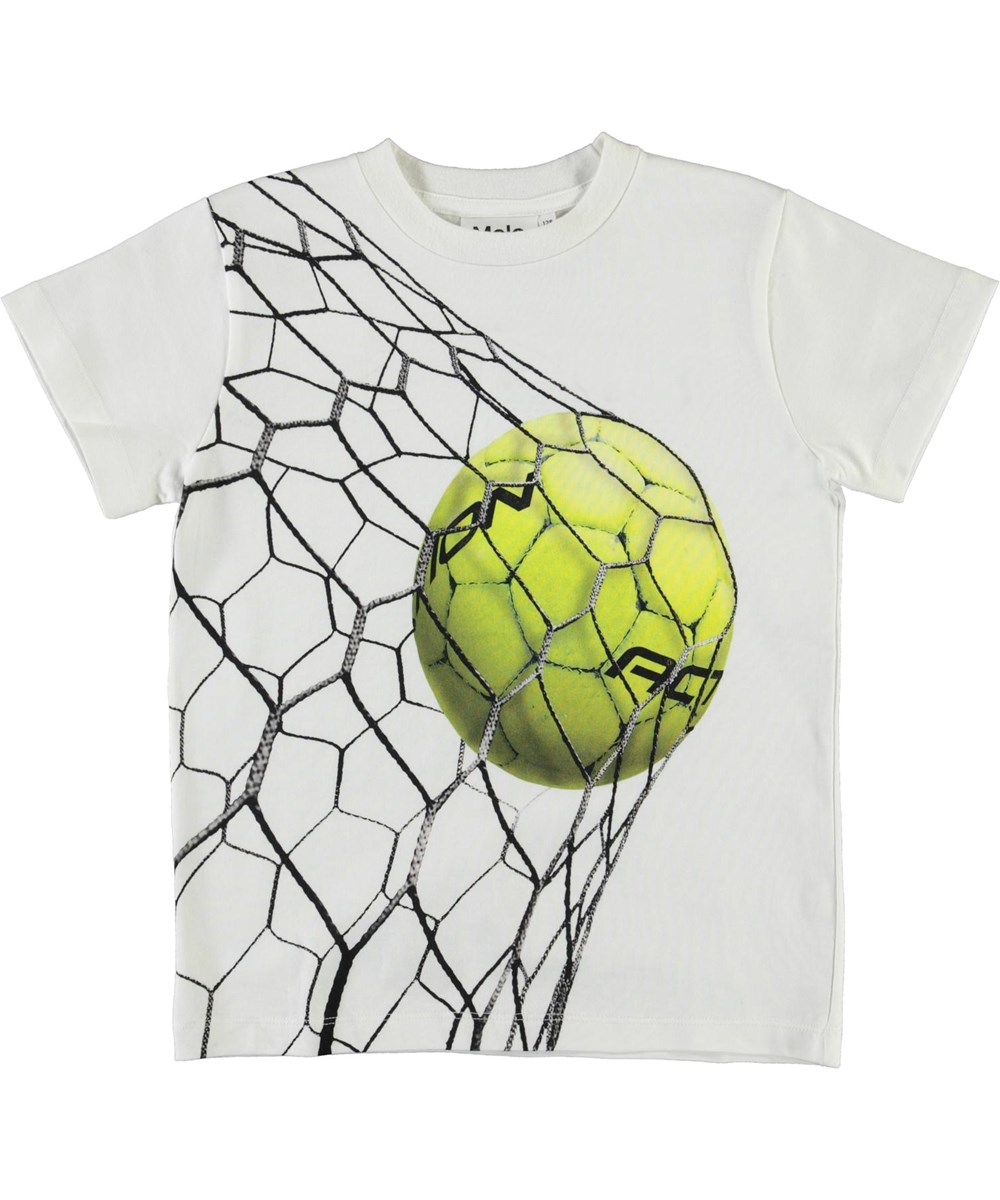 Road - Action - Witte biologische t-shirt met een print van voetballen