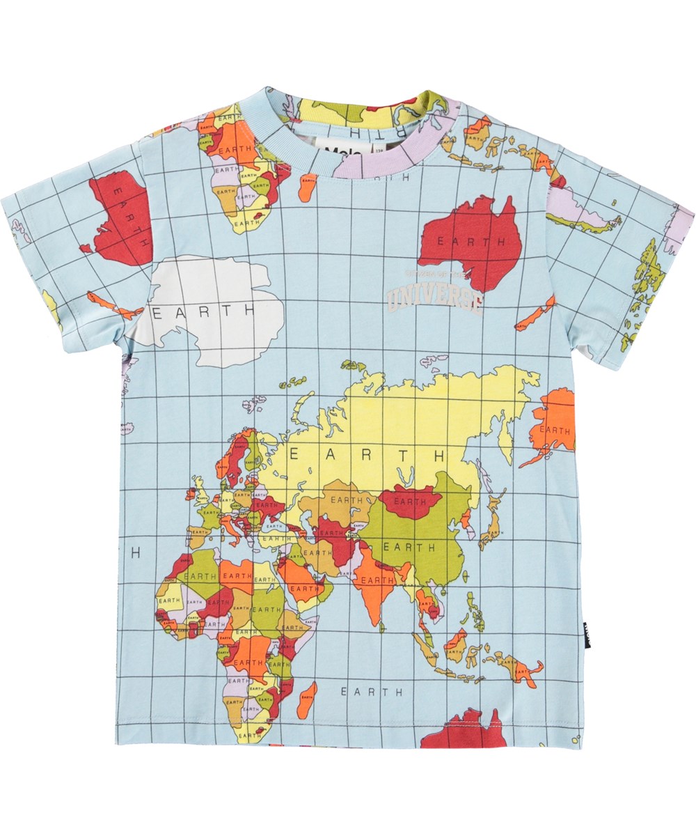 Road - Atlas - Lichtblauwe biologische t-shirt met de wereldkaart