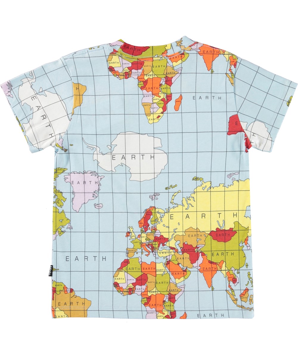 Road - Atlas - Lichtblauwe biologische t-shirt met de wereldkaart