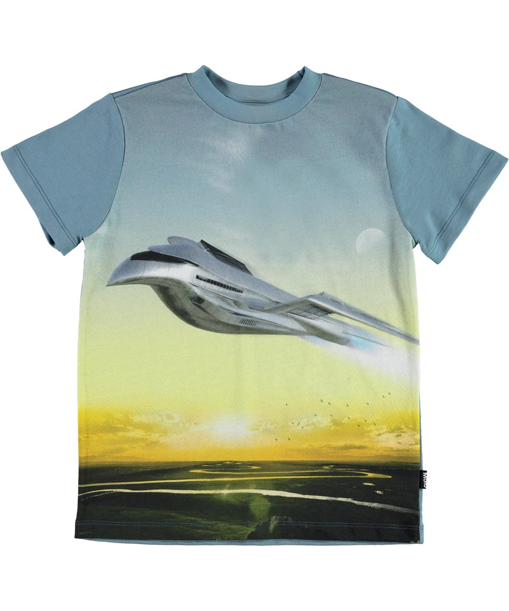 Road - Flying - Blauwe biologische t-shirt met vliegtuigprint