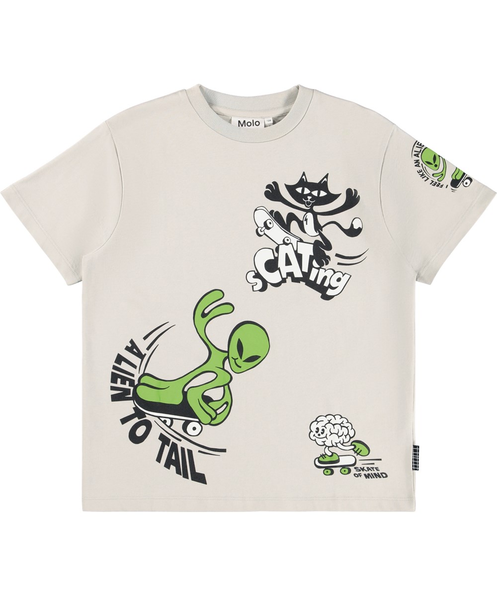Rodney - A Lien To Tail - Beige oversized kinder t-shirt gemaakt van zacht biologisch katoen met een ribboord rond de hals.