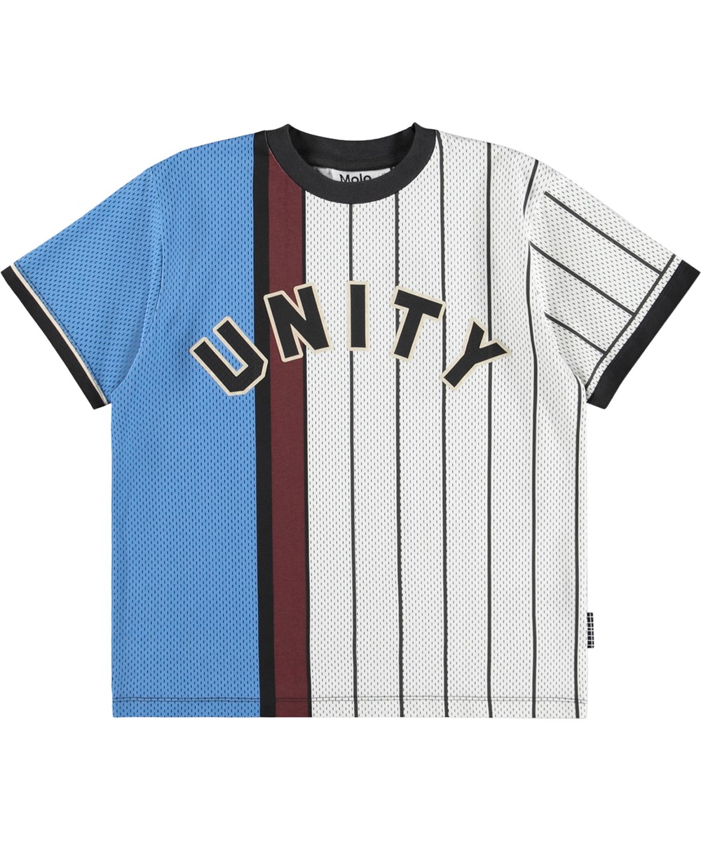 Rodney - Basket Mash-Up - Blauw-wit kinder T-shirt gemaakt van biologisch katoen