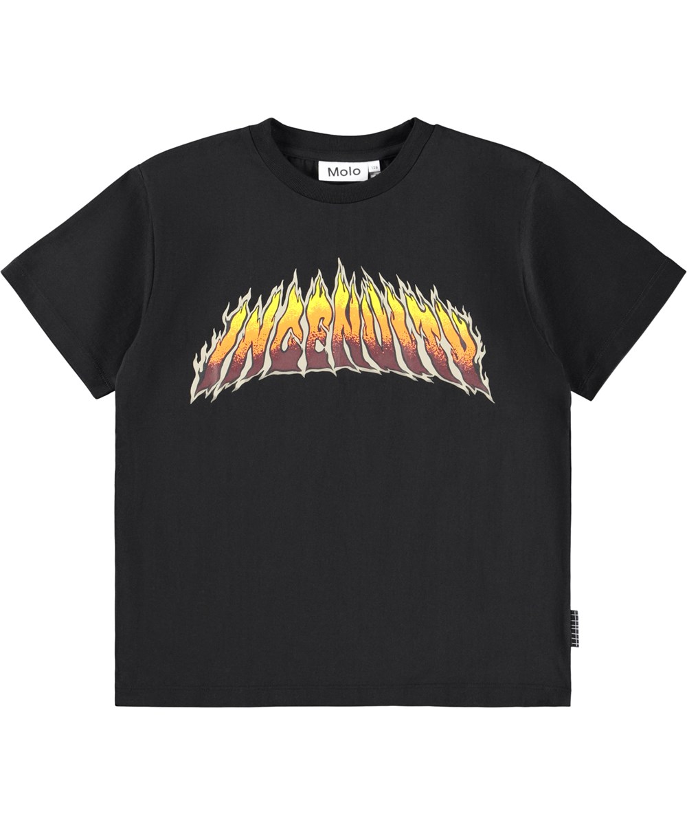 Rodney - Burning Text - Zwarte oversized kinder t-shirt gemaakt van zacht biologisch katoen met een print en een ribboord rond de hals.