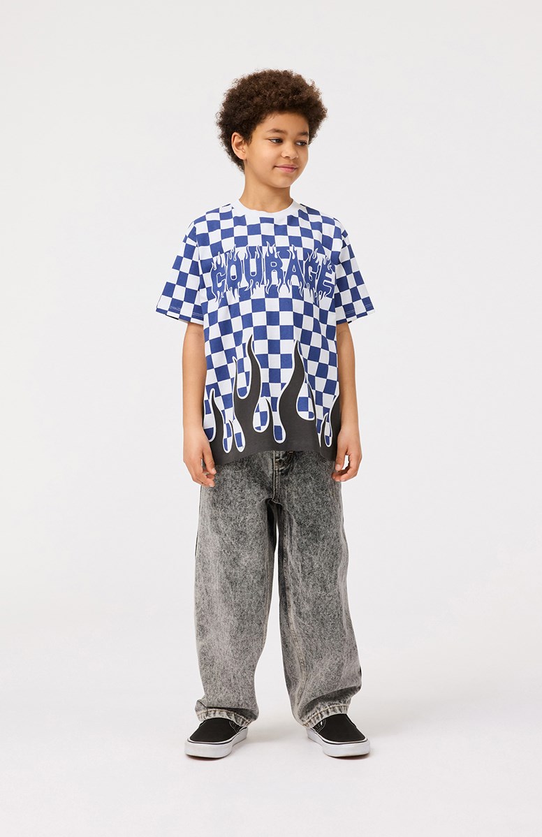 Rodney - Courage Check - Wit en blauw geblokt kinder t-shirt van biologisch katoen met korte mouwen en ribboord rond de hals.