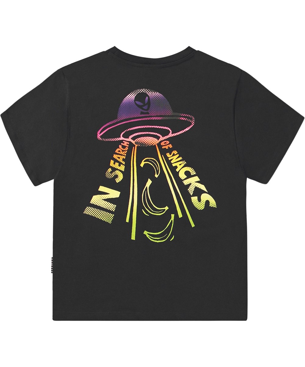 Rodney - In Search Of___ - Zwart t-shirt van biologisch katoen met UFO-print op de voor- en achterkant.