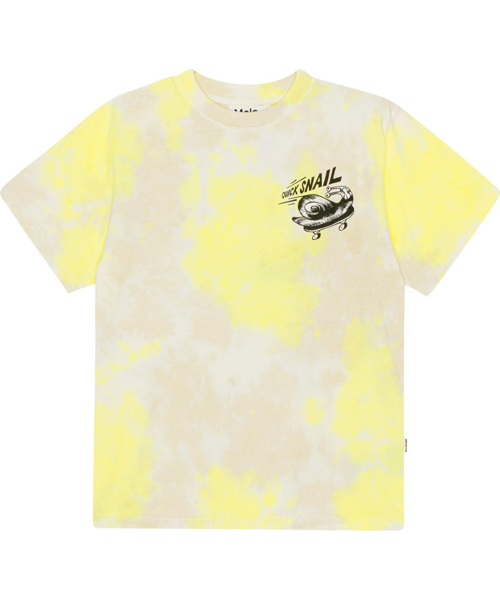 Rodney - Lemon Sand Dye - Gele en zandkleurige biologische tie-dye t-shirt met slakprint