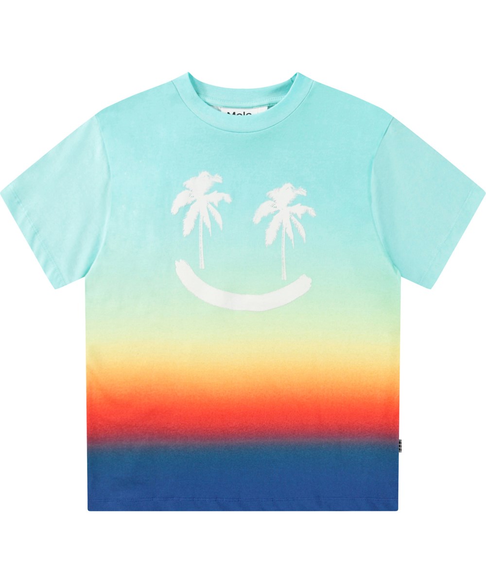 Rodney - Palm Smile - Oversized regenboogkleurige kinder t-shirt van biologisch katoen met korte mouwen en ribboord rond de hals.