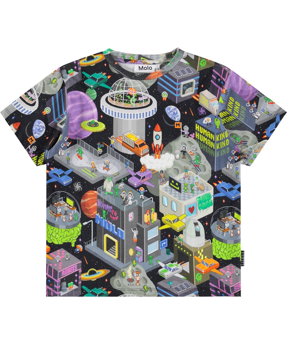 Rodney - Pixel Space - Zwart oversized t-shirt gemaakt van zacht biologisch katoen met een pixelprint en een ribboord rond de hals.