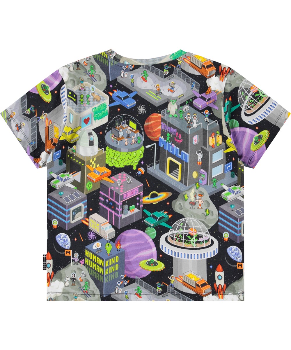 Rodney - Pixel Space - Zwart oversized t-shirt gemaakt van zacht biologisch katoen met een pixelprint en een ribboord rond de hals.