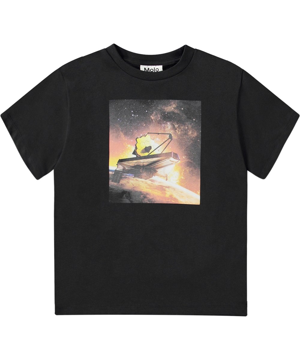 Rodney - Telescope Warm - Oversized zwart t-shirt van biologisch katoen met print van een ruimtetelescoop.