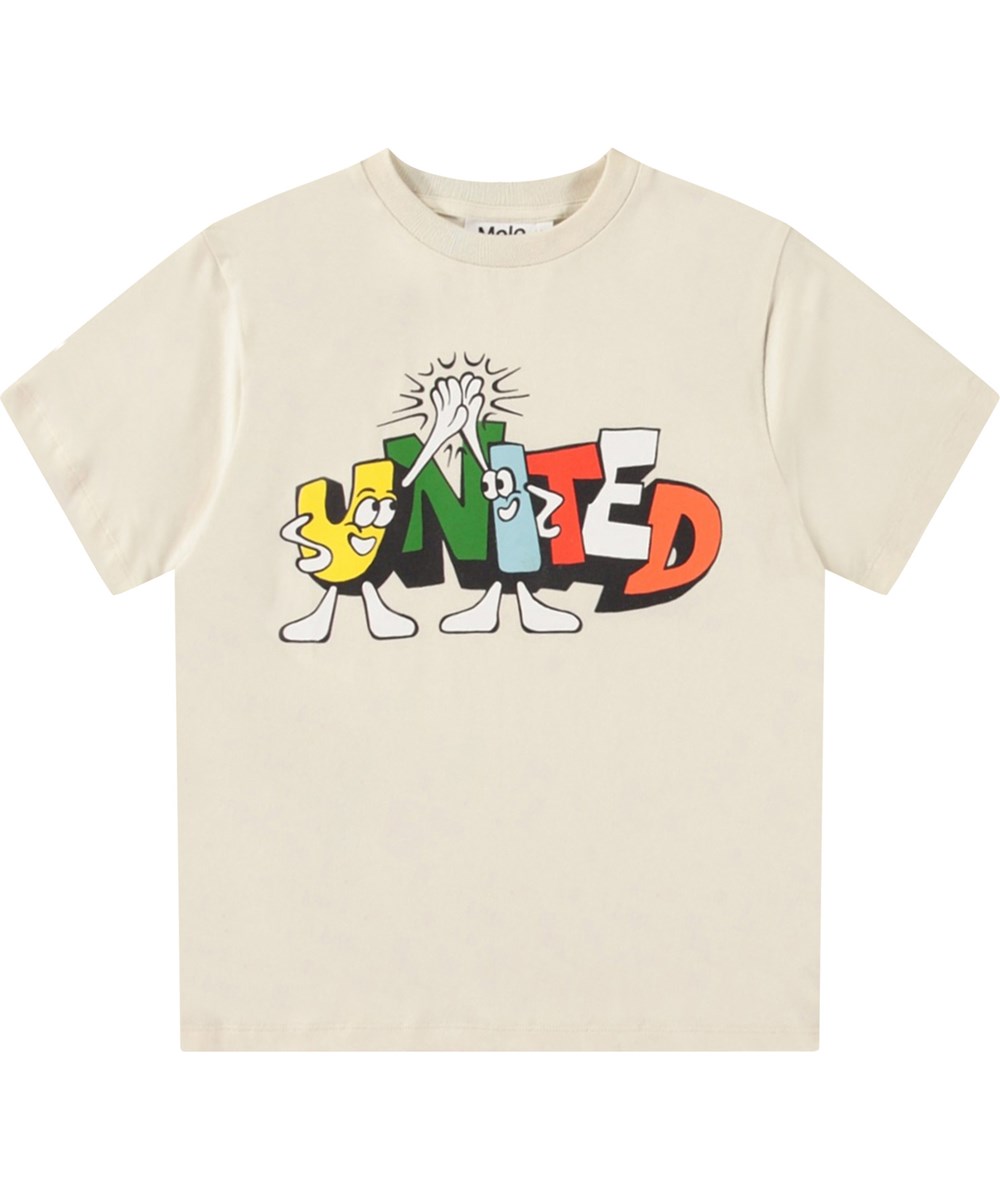 Rodney - United - Gebroken wit kinder t-shirt van biologisch katoen met korte mouwen en ribboord rond de hals.