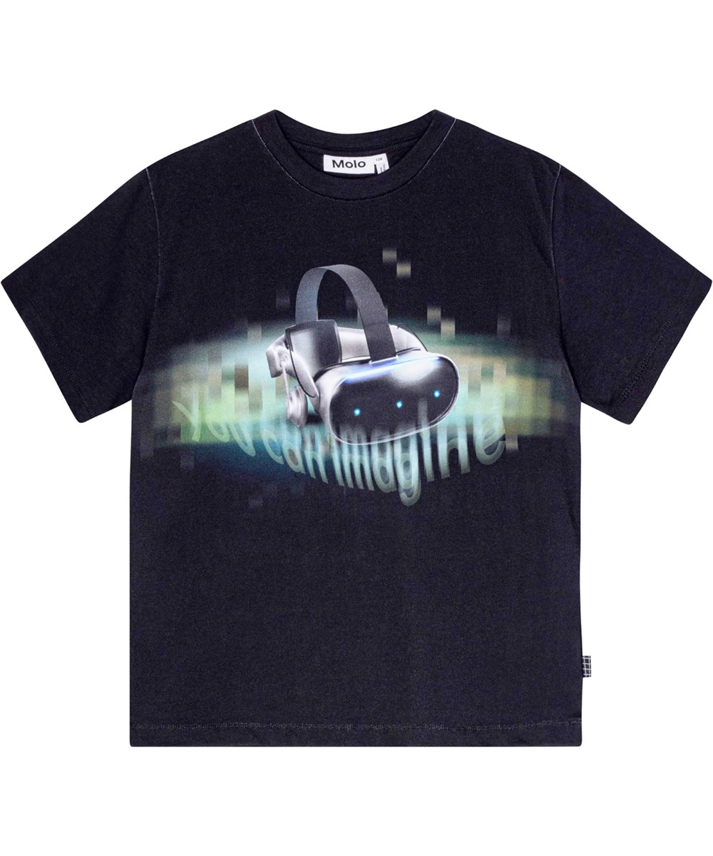 Rodney - VR Headset - Oversized zwart t-shirt met een VR-geïnspireerde print op de voorkant.