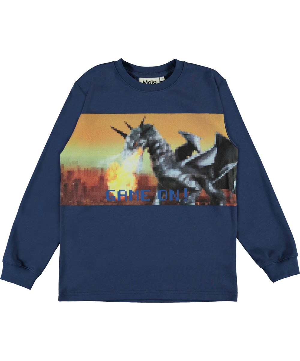 Rogert - Pixel Dragon - Blauwe biologische trui met een draak