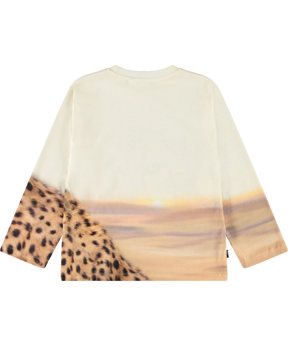 Rollo - Big Cheetah Light - Kindersweater van biologisch katoen met ribboord rond de hals met een print van een cheeta.