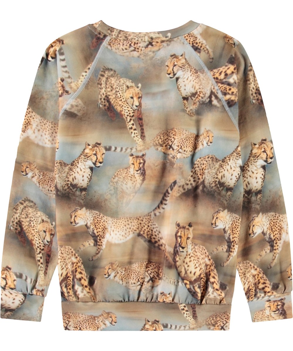 Romeo - Fast Cheetahs - Kindersweater van biologisch katoen met ribboord rond de hals met een print van rennende cheeta's.