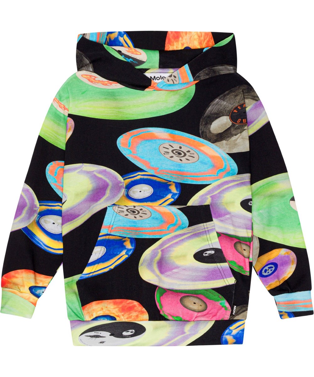 Romo - Records Dark - Zwarte biologische hoodie met kleurrijke elpeeprint