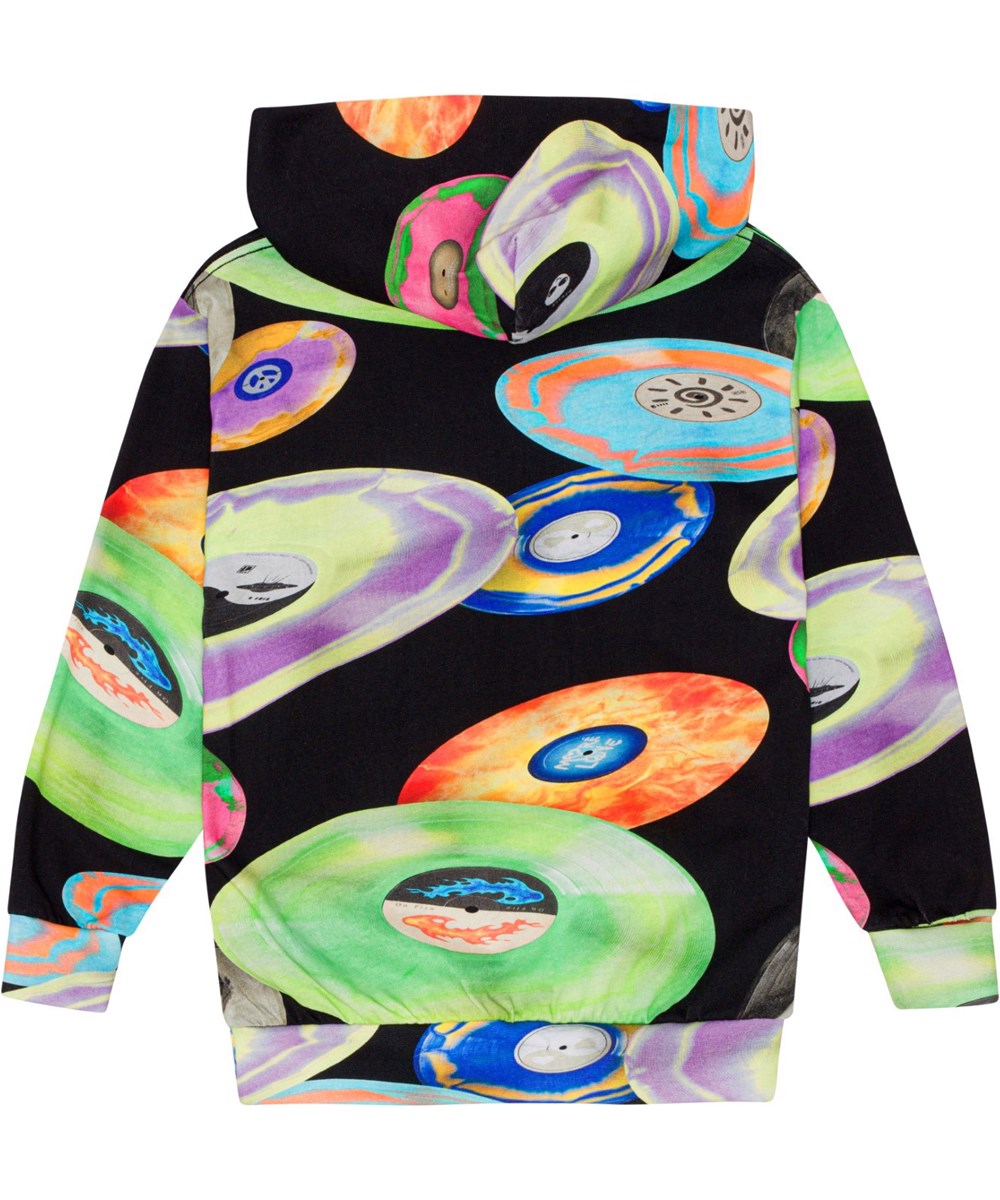 Romo - Records Dark - Zwarte biologische hoodie met kleurrijke elpeeprint