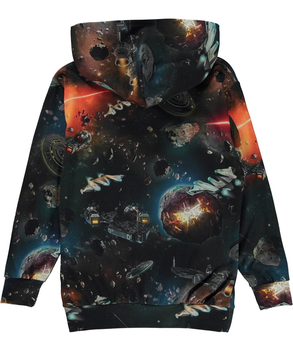Romo - Space Fantasy - Zwarte biologische hoodie met een retro heelal print
