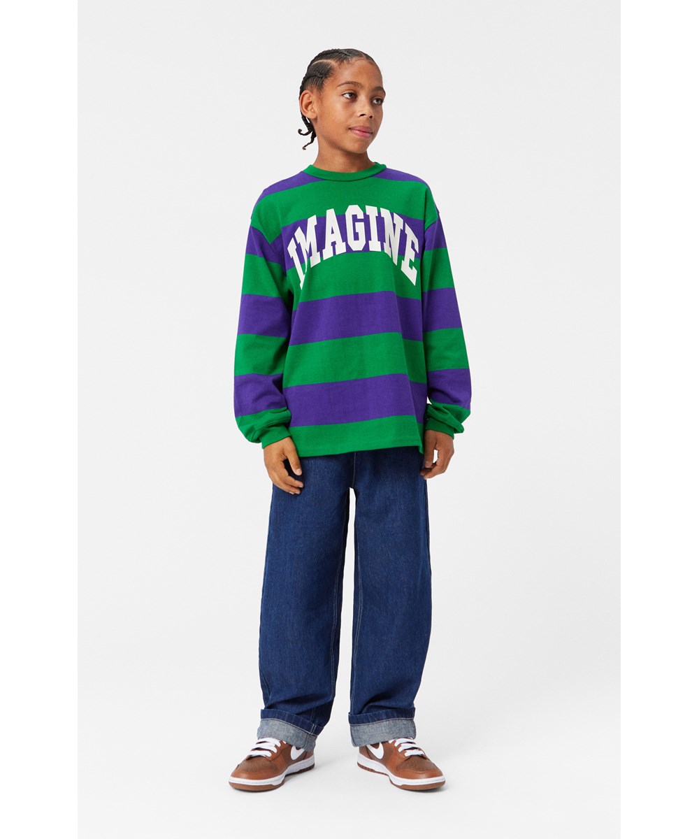 Ron - Nightshade Pine - Groen en paars gestreepte longsleeve van biologisch katoen.