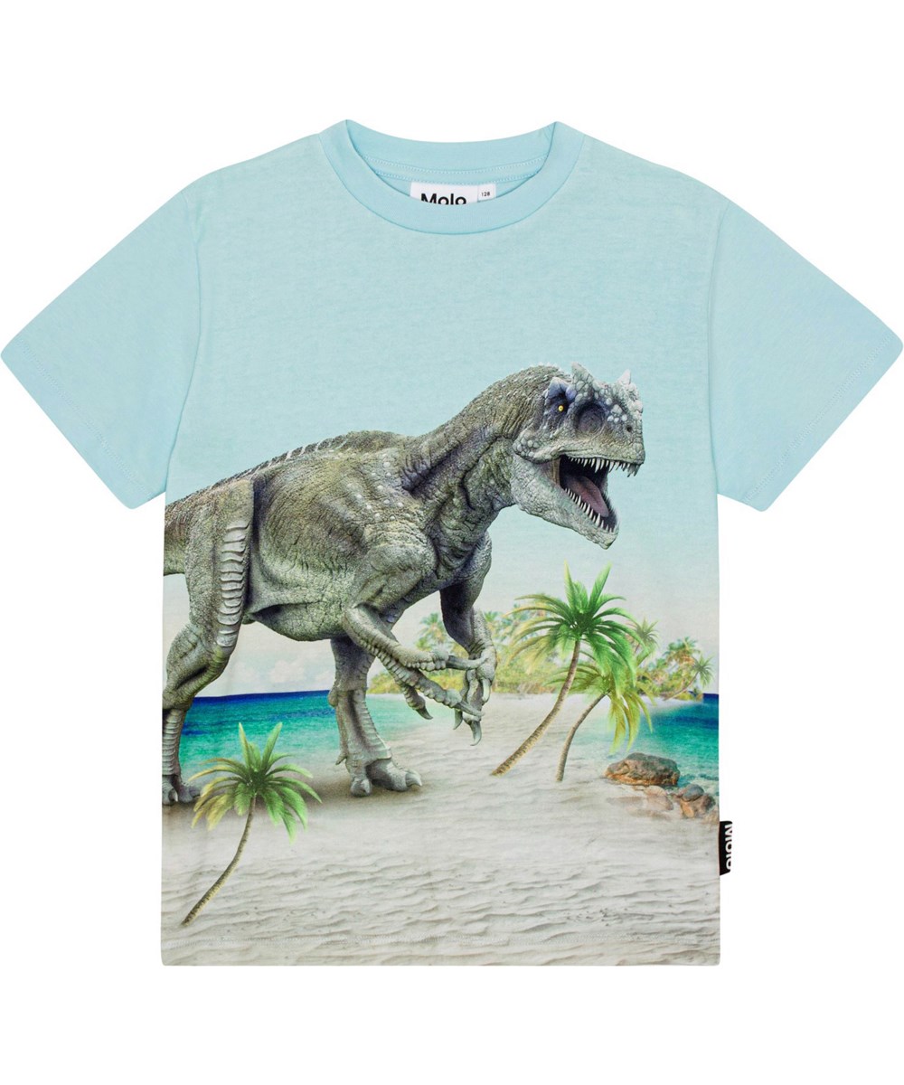 Roxo - Beach Dino - Lichtblauwe biologische t-shirt met dinosaurusprint