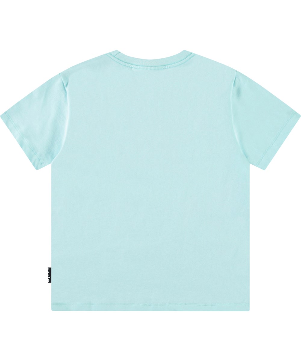 Roxo - Dino Splash - Ruimvallende lichtblauw kinder t-shirt van biologisch katoen met korte mouwen en ribboord rond de hals.