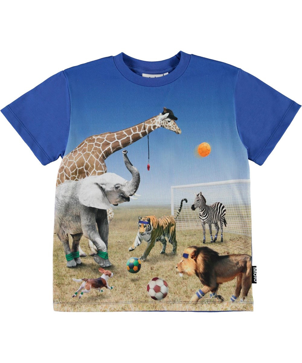 Roxo - Football Game - Blauwe biologische t-shirt met voetballende dieren