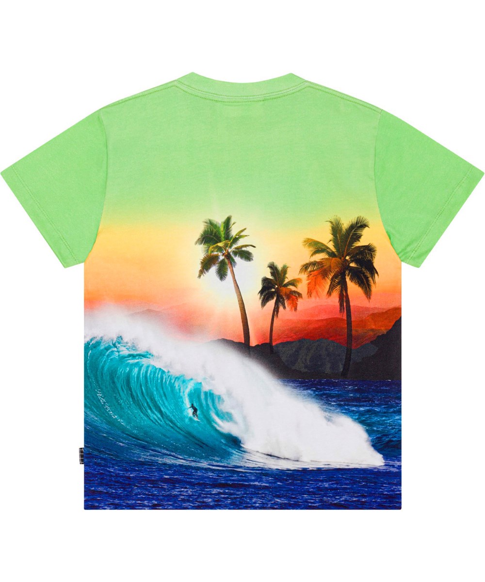 Roxo - Green Sunset - Groene biologische t-shirt met grote golvenprint