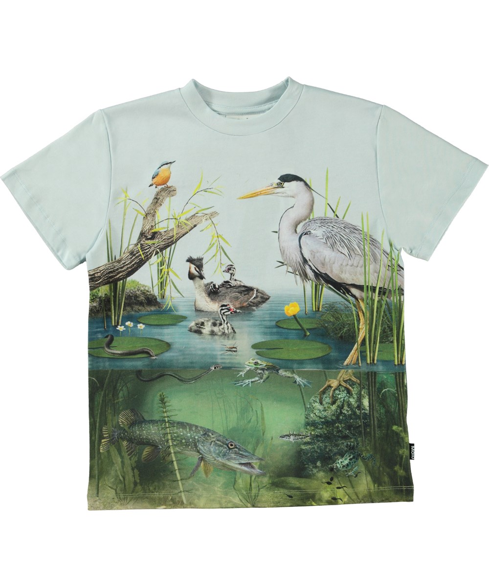 Roxo - Pond Life - Lichtblauwe biologische t-shirt met vogels, vissen en kikkers