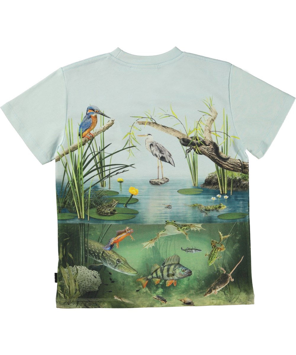 Roxo - Pond Life - Lichtblauwe biologische t-shirt met vogels, vissen en kikkers