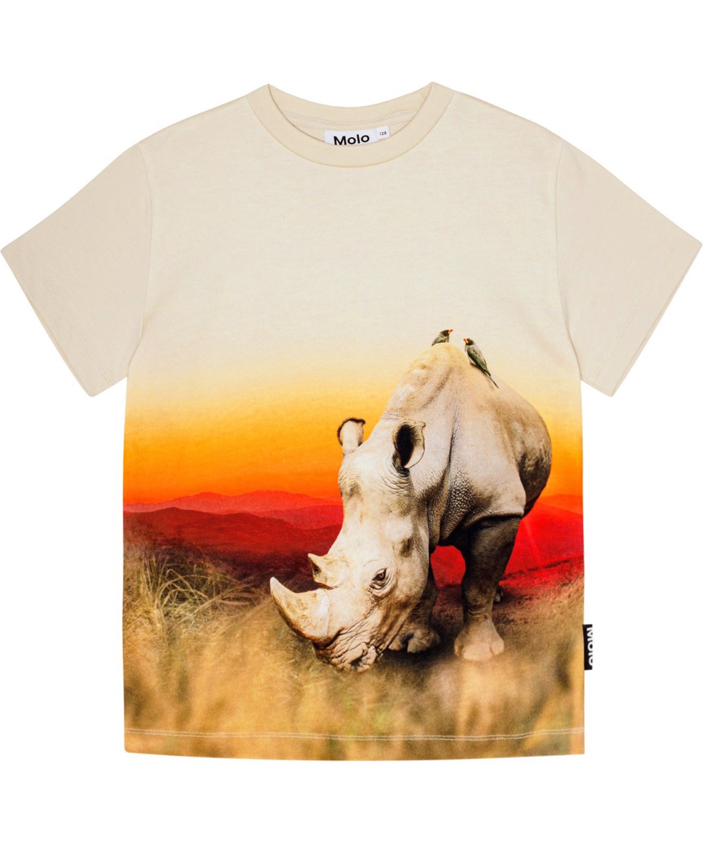 Roxo - Rhino - Off-white t-shirt van biologisch katoen met op de voorkant een neushoornprint.