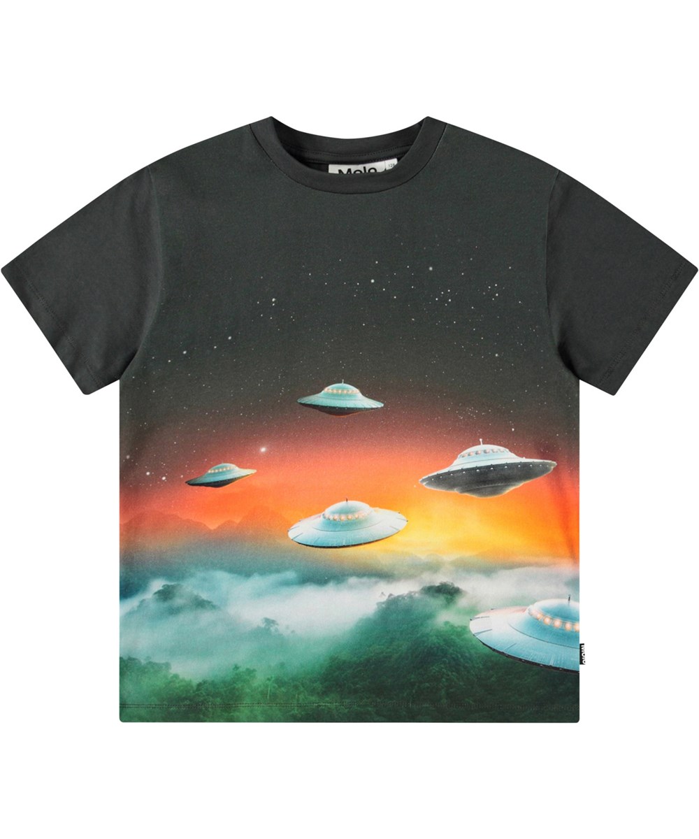 Roxo - UFO Visitors - Ruimvallende biologisch katoenen kinder t-shirt met korte mouwen en ribboord rond de hals