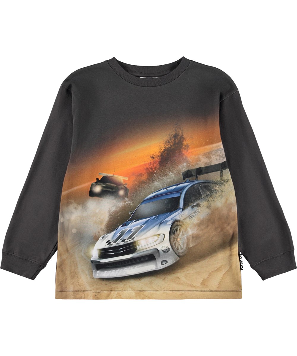 Rube - Beach Race Dark - Grijze kinder longsleeve en een print van raceauto's gemaakt van biologisch katoen