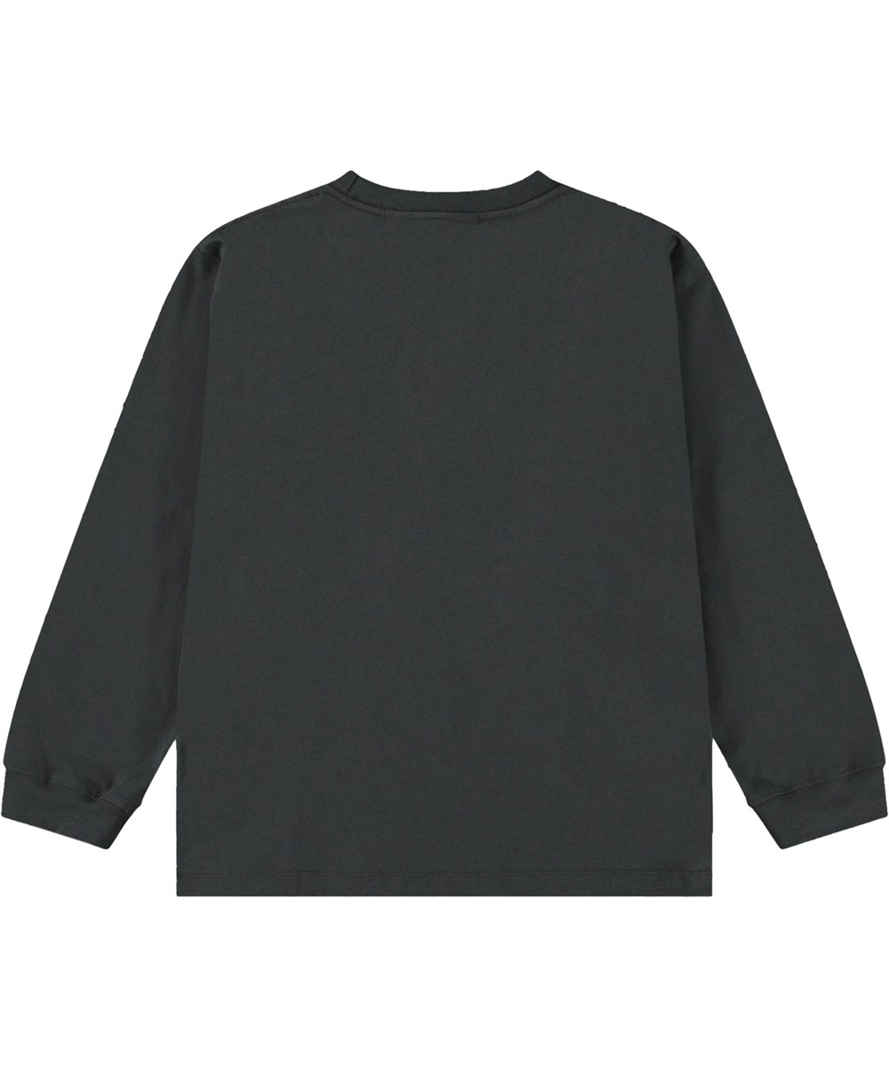 Rube - Black Jaguar - Donkergrijs ruimvallende kinder longsleeve van biologisch katoen met ribboord rond de hals en mouwen.