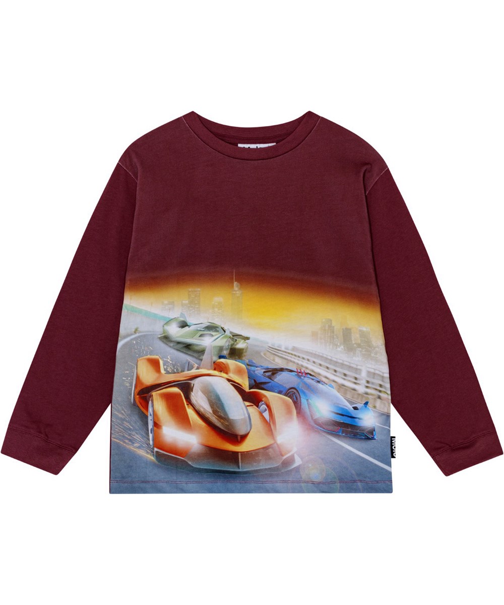 Rube - Fast Game - Bordeaux rode longsleeve van biologisch katoen met raceauto print.