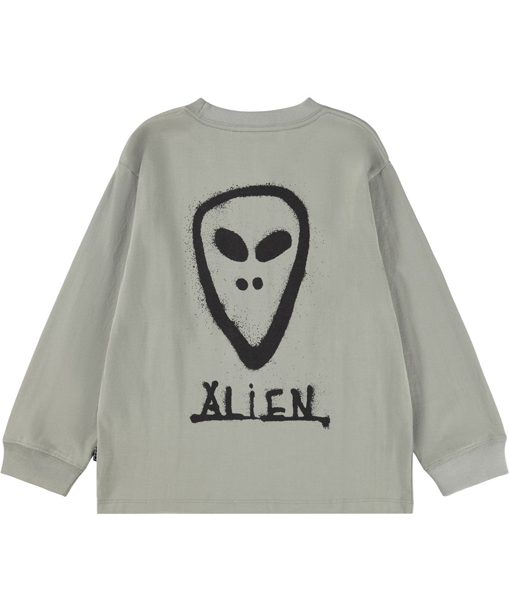 Rube - Forest Fog - Kaki longsleeve voor kinderen gemaakt van biologisch katoen met een ribboord rond de hals en op de voor- en acherkant een graffitt alien gezicht.