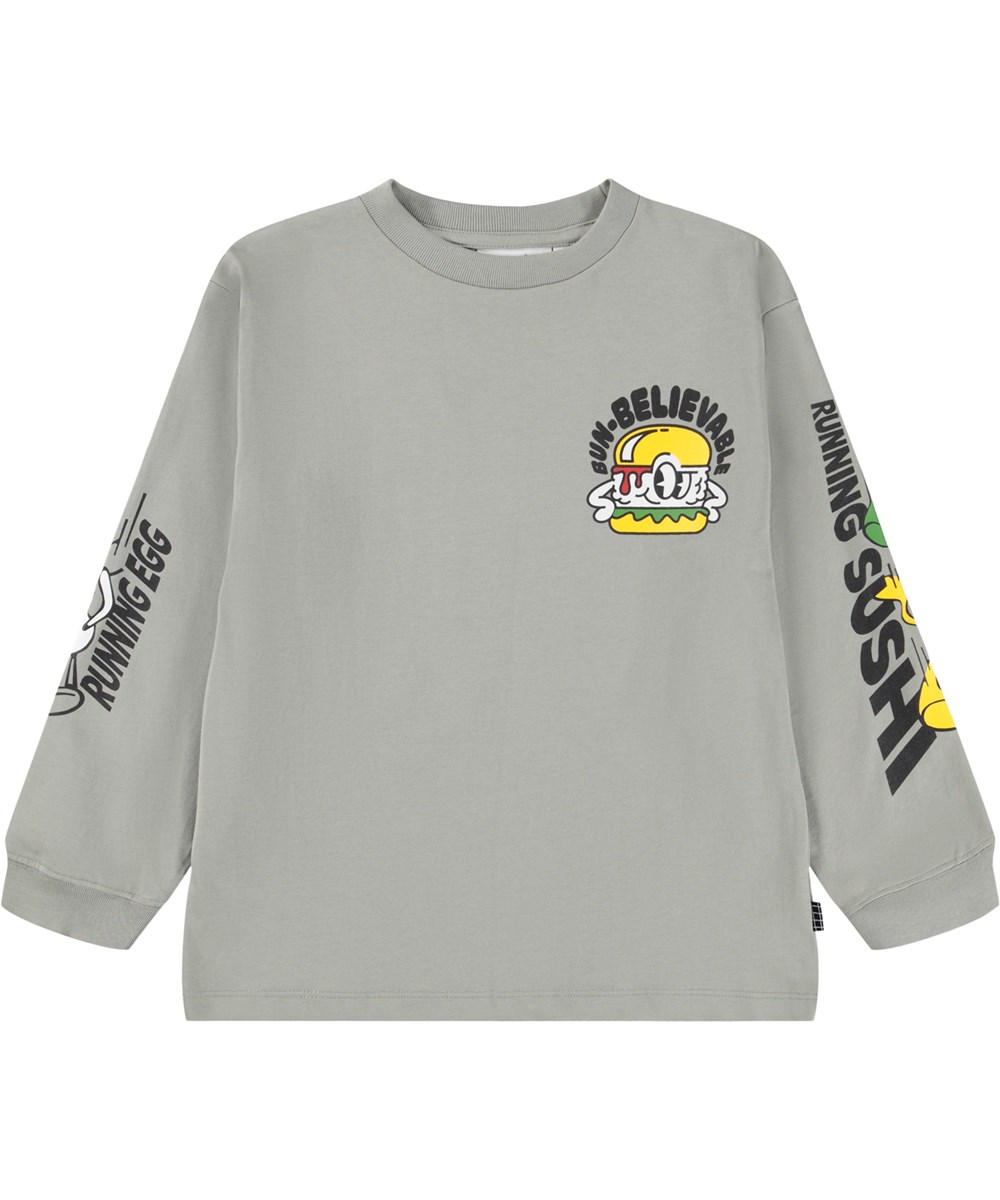 Rube - Funny Food - Grijze longsleeve voor kinderen gemaakt van biologisch katoen met een ribboord rond de hals en mouwen met een kleurrijke print van levendig voedsel en leuke zinnen.