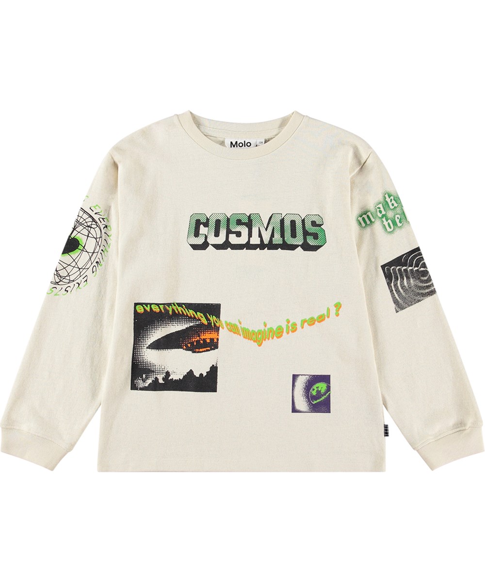 Rube - Graphic Space - Off-white biologisch katoenen longsleeve met een print van verschillende kleuren in de ruimte.