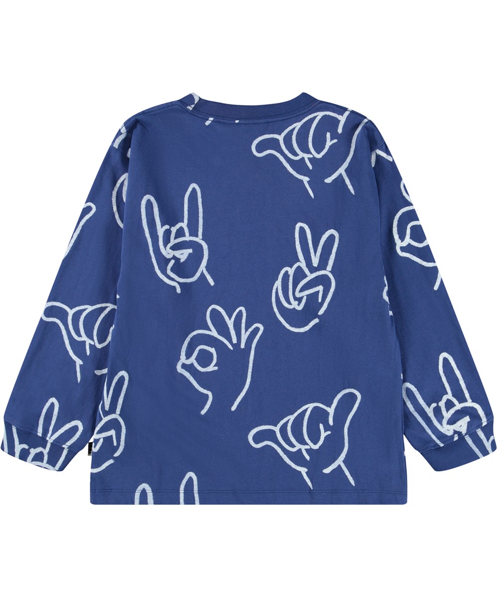 Rube - Handdrawn - Blauwe longsleeve voor kinderen gemaakt van biologisch katoen met een ribboord rond de hals en een print van schattige en grappige handgebaren.