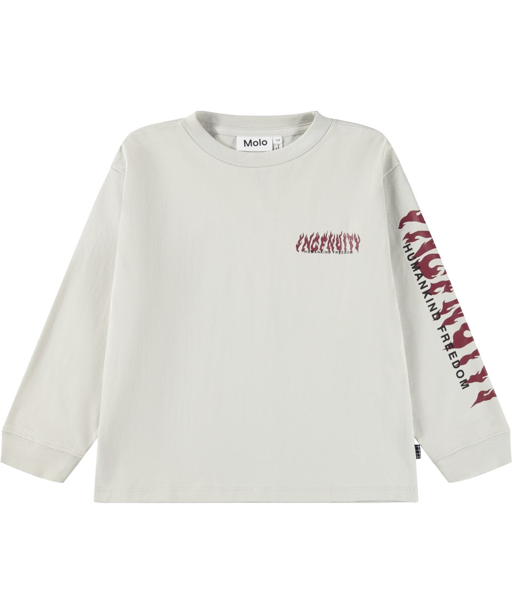 Rube - Ingenuity - Gebroken witte longsleeve voor kinderen gemaakt van biologisch katoen met een ribboord rond de hals en mouwen met een print van de rode vurige tekst ''Ingenuity, humankind freedom''.