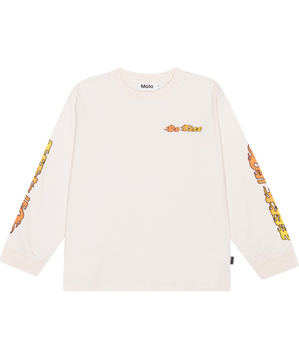 Rube - Naturelle - Gebroken witte biologische shirt met 'On Fire' print