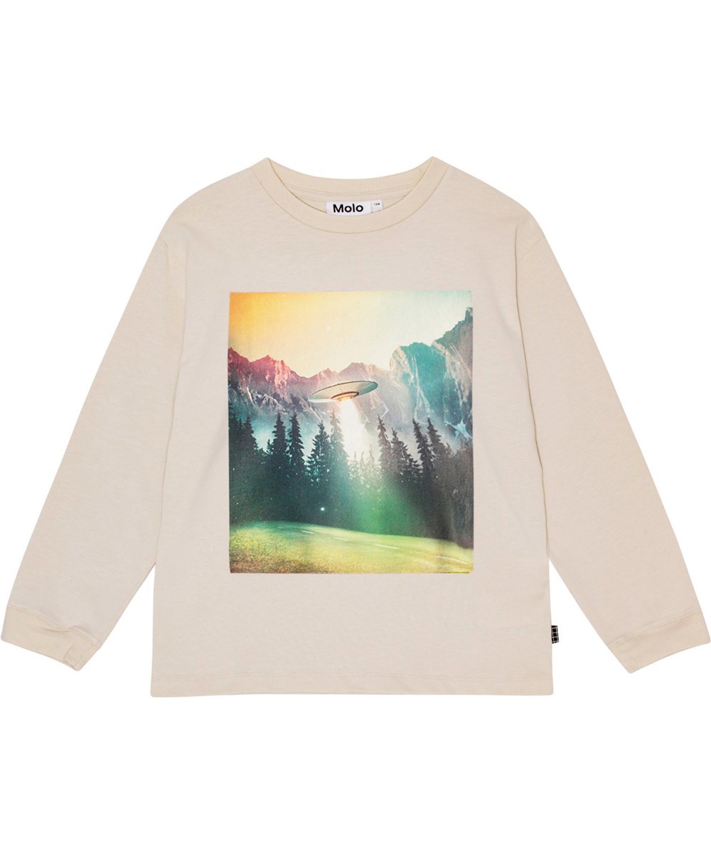 Rube - UFO Sighting - Off-white biologisch katoenen longsleeve met een bedrukt UFO-ontwerp.