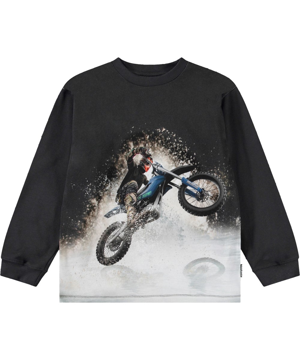 Rube - Water Wheelie - Ruimvallende kinder longsleeve van biologisch katoen met ribboord rond de hals en mouwen.