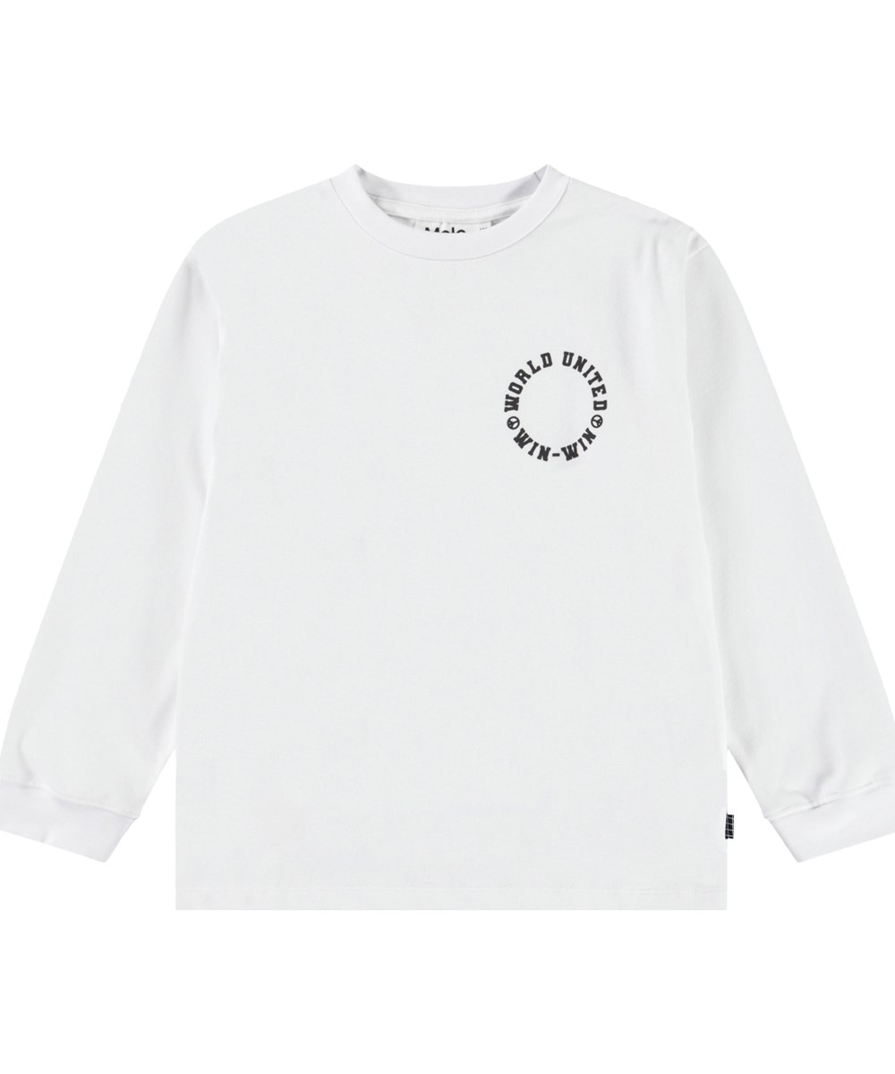 Rube - World Ball - Wit ruimvallende kinder longsleeve van biologisch katoen met ribboord rond de hals en mouwen.