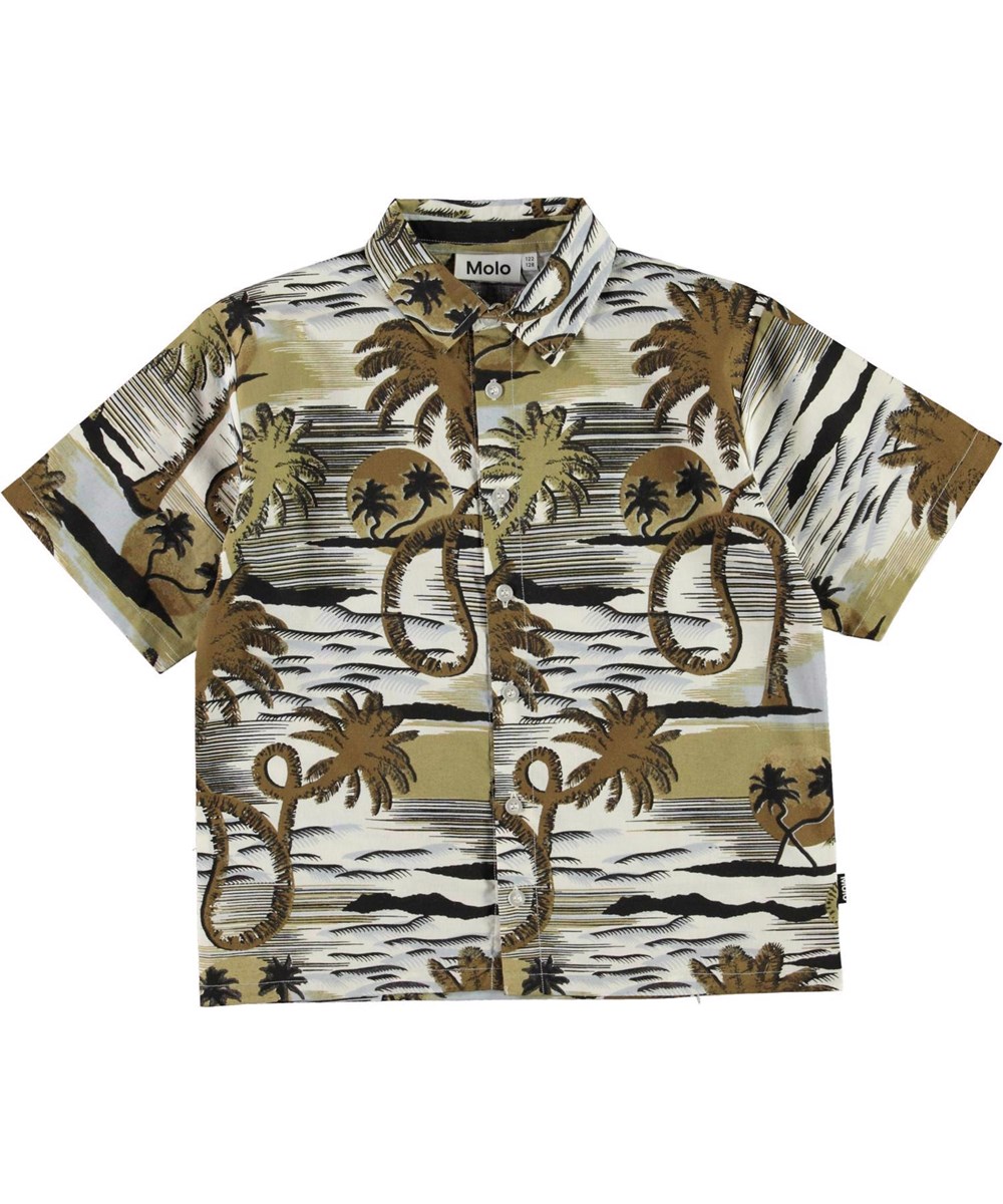 Rass - Sunset Smiles - Kurzarmshirt mit braunem Palmenprint.