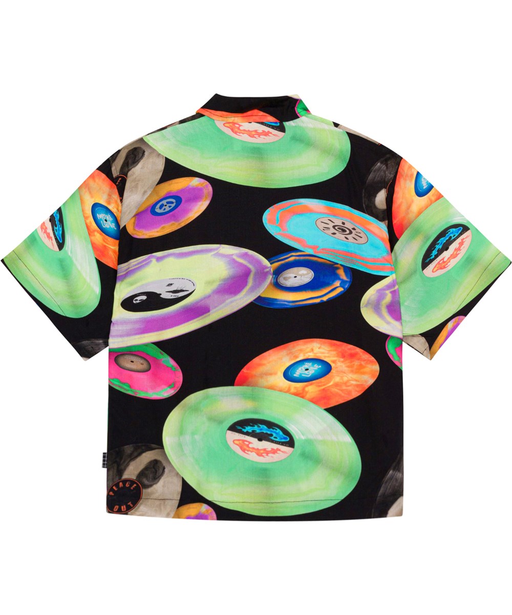 Richie - Records Dark - Schwarzes T-Shirt aus Viskose im 80er-Jahre-Stil mit Allover-Print aus neonfarbenen und fliegenden Tellern.